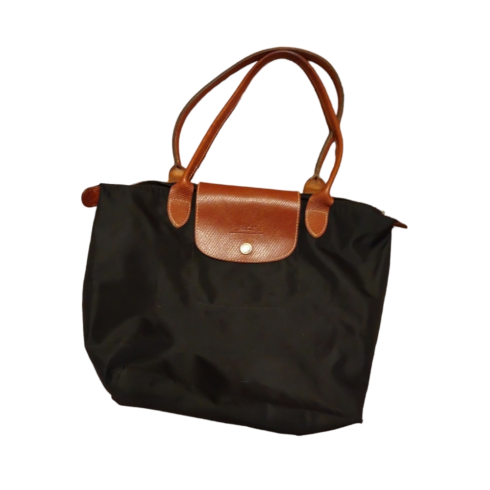 LONGCHAMP Medium Le Pliage Nylon Shoulder Tote Bag in Black w/  Leather Handle